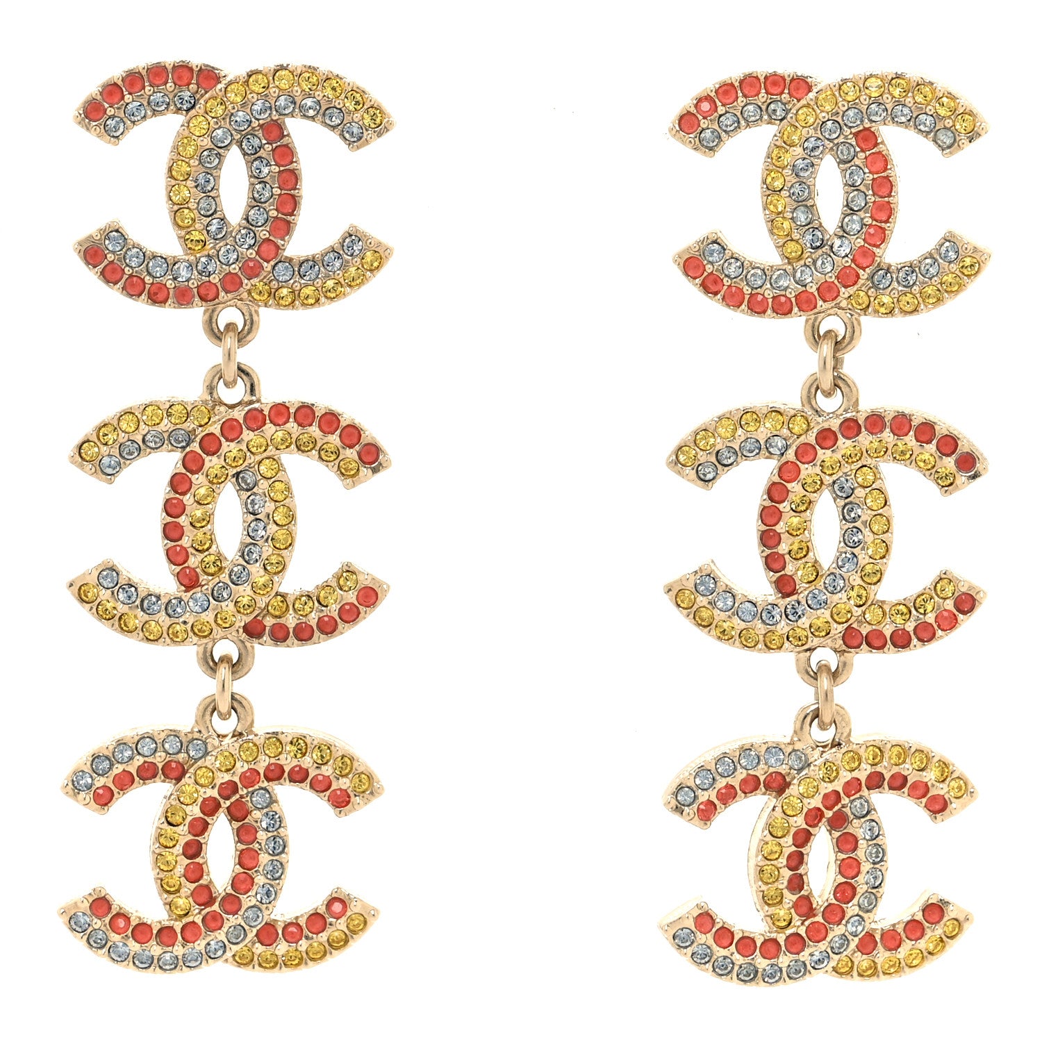 Chanel Metal Crystal CC Triple Drop Earrings Gold Multicolor 1 of 5