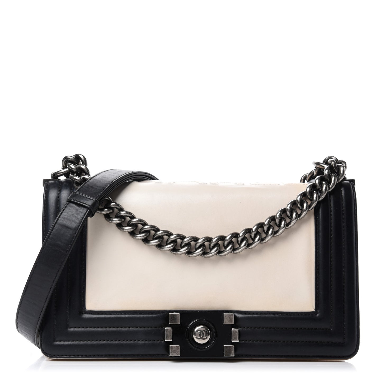 Glazed Calfskin Medium Boy Flap White Black