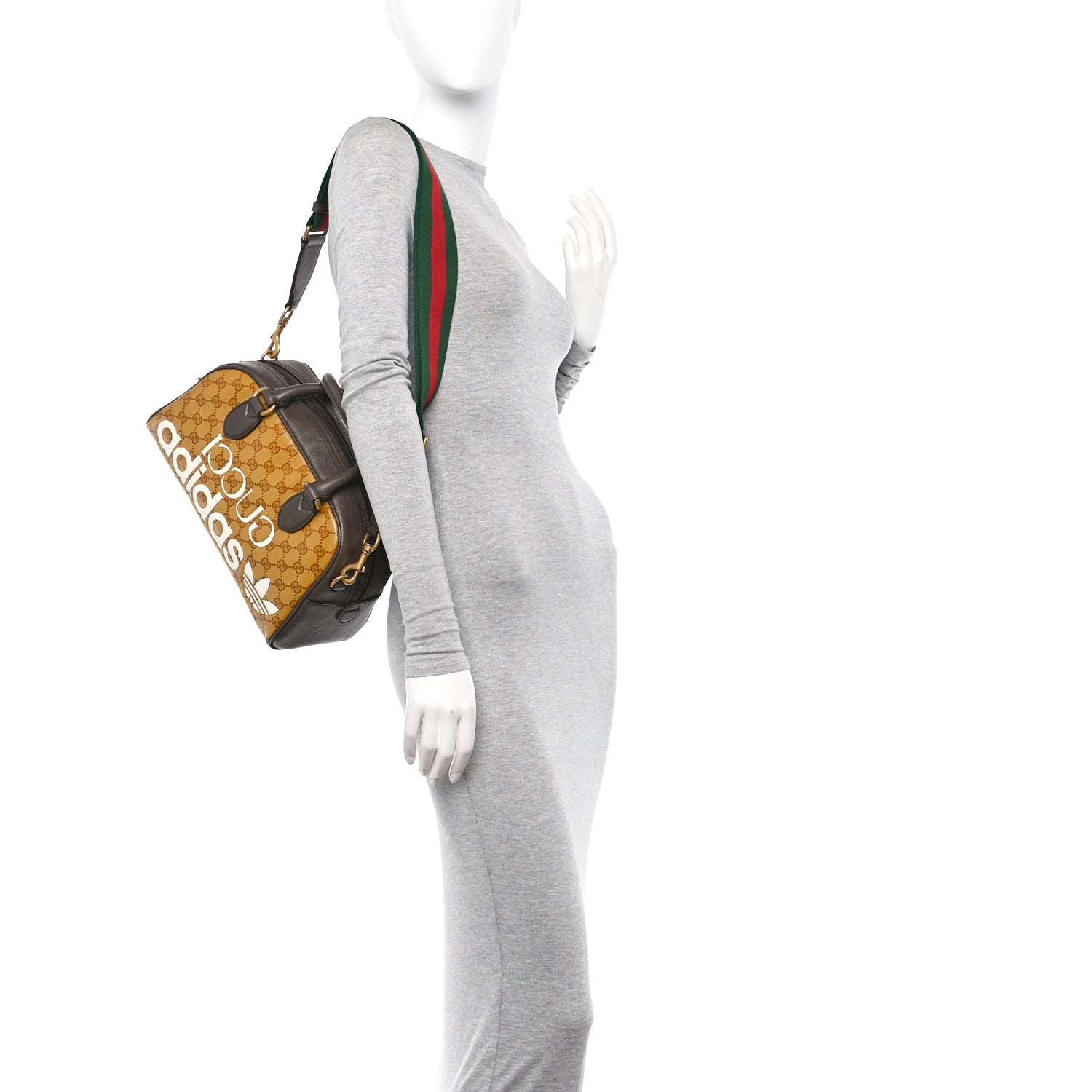 Gucci X ADIDAS Crystal Vintage Monogram Textured Dollar Calfskin Web Trefoil Logo Mini Bowling Bag Mid Natural Nut Off White New Acero 2 of 10