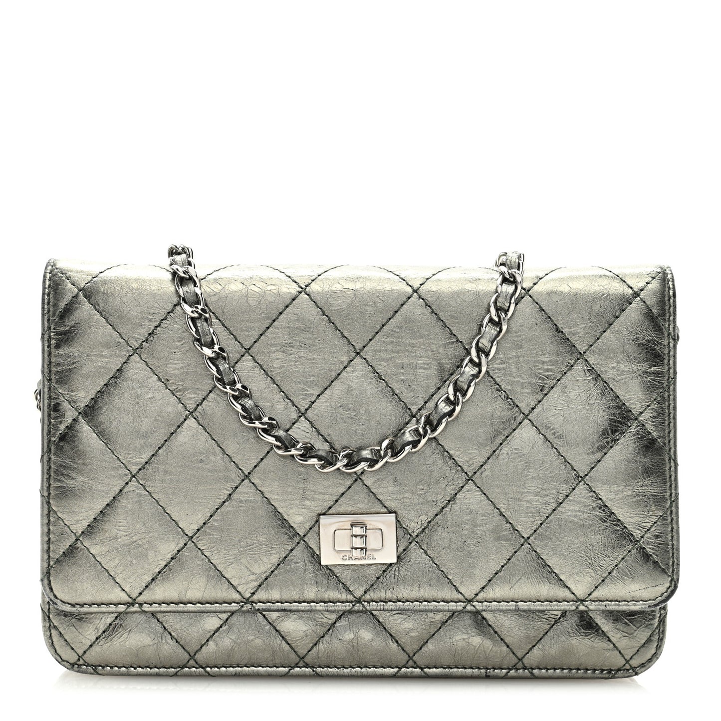 Metallic Aged Calfskin Quilted 2.55 Reissue Wallet On Chain WOC Green