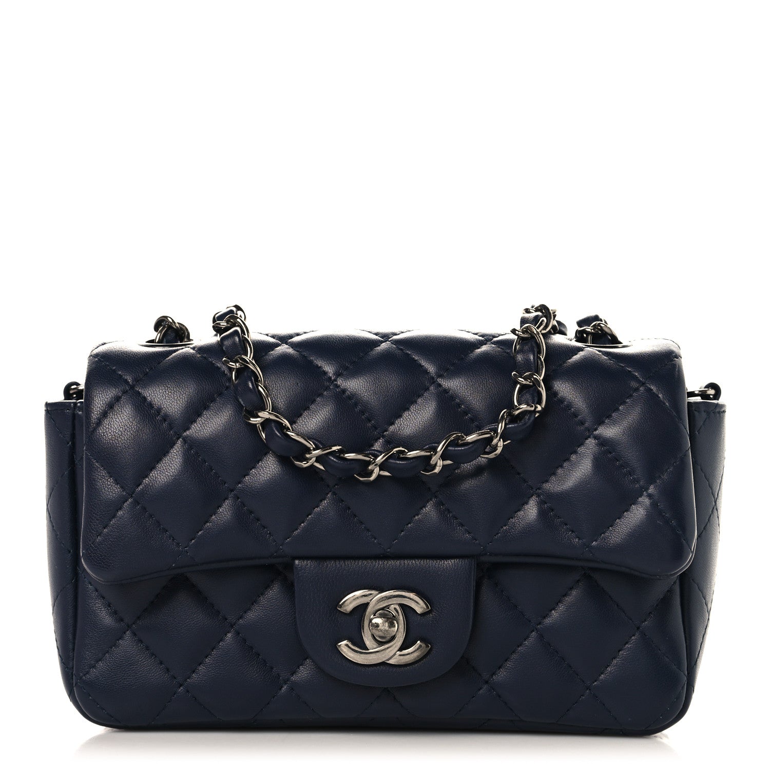 CHANEL リボン　ネイビー Chanel Lambskin Quilted Mini Rectangular Flap Dark Navy Blue