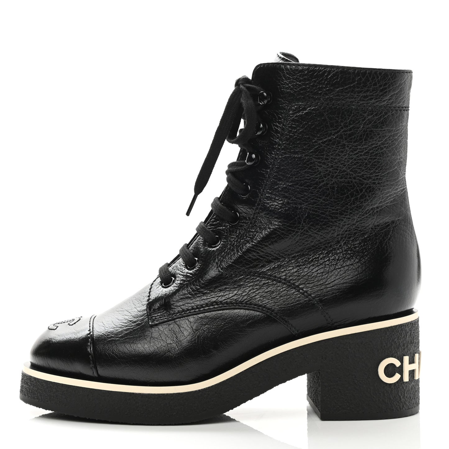 Shiny Crumpled Lambskin Lace Up Combat Boots 38 Black
