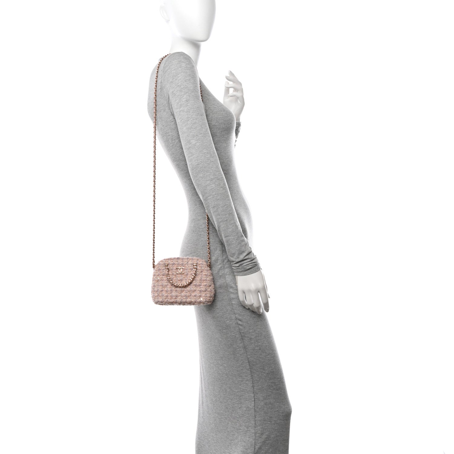 Chanel Cotton Wool Tweed Sequin Quilted Shiny Coco Clutch With Chain Light Pink Beige Ecru 2 of 10