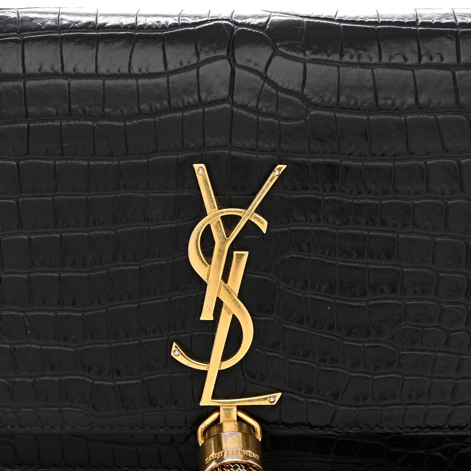 Saint Laurent Calfskin Crocodile Embossed Kate Monogram Tassel Chain Wallet Black 8 of 13