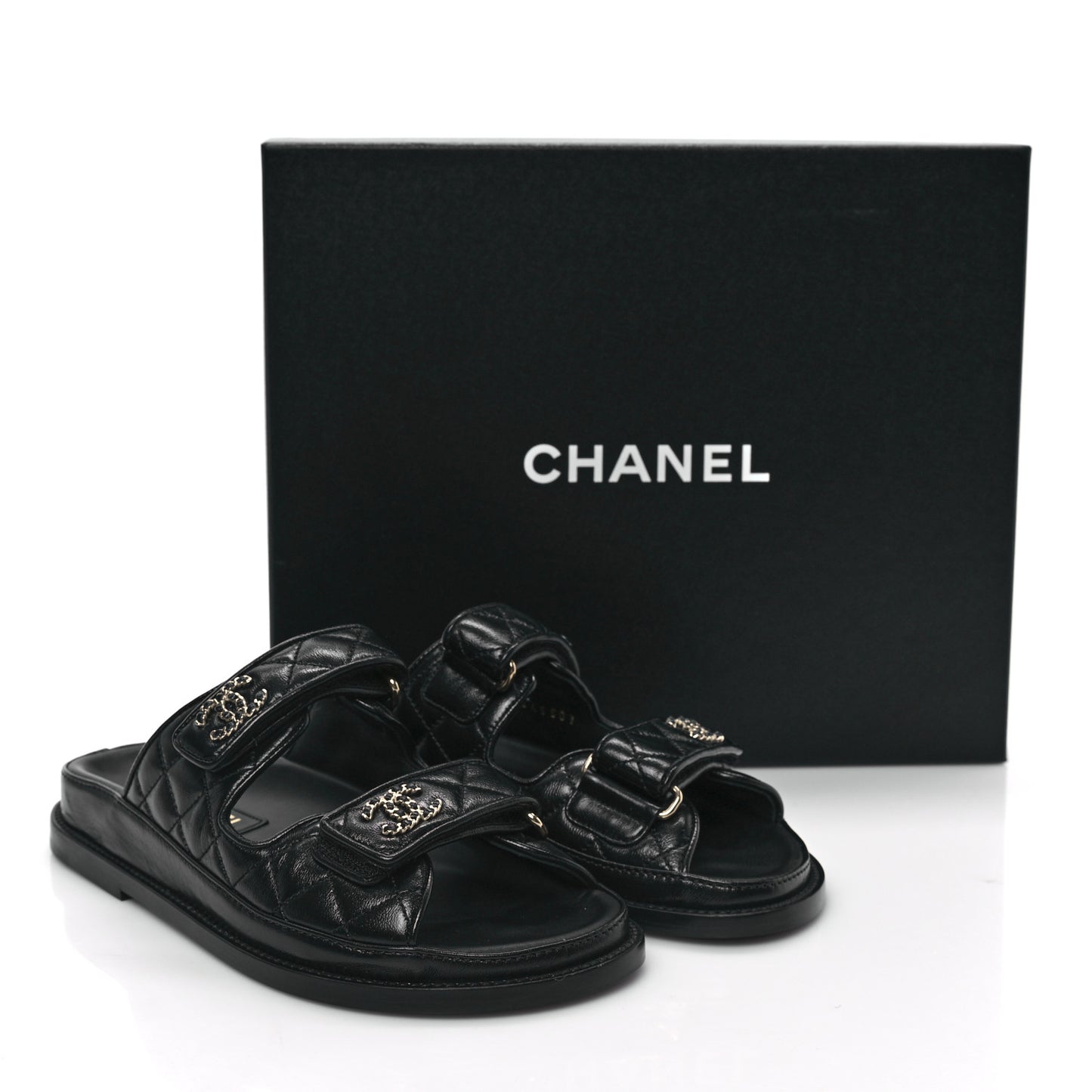 Lambskin Quilted Velcro Dad Chain CC Slide Sandals 35 Black