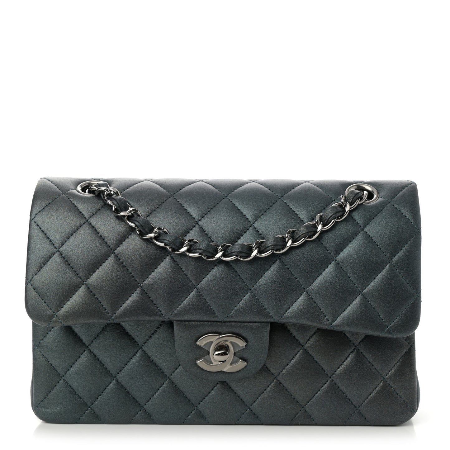 Iridescent Lambskin Quilted Small Double Flap Green