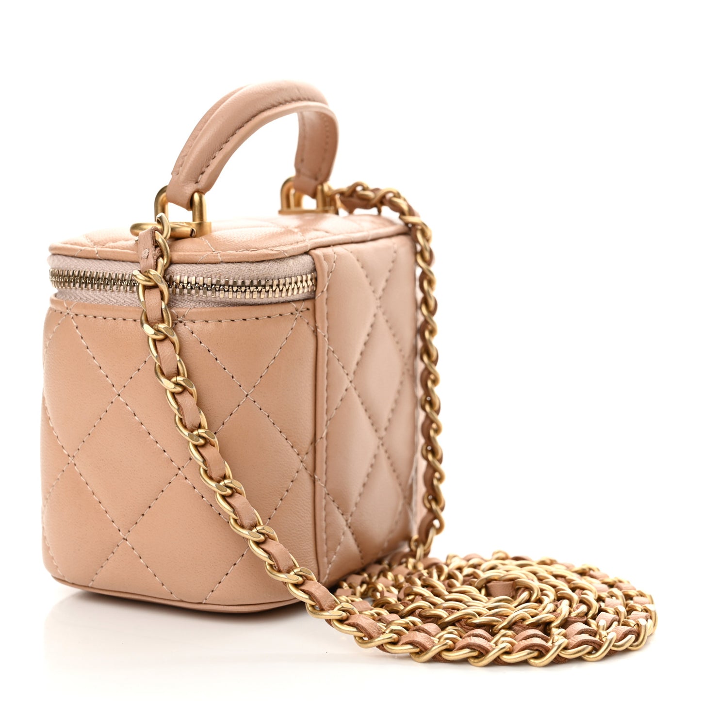 Lambskin Quilted Top Handle Mini Vanity Case With Chain Beige