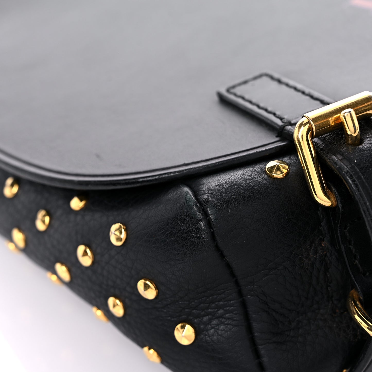 Calfskin Studded Bridle Saddle Bag Black
