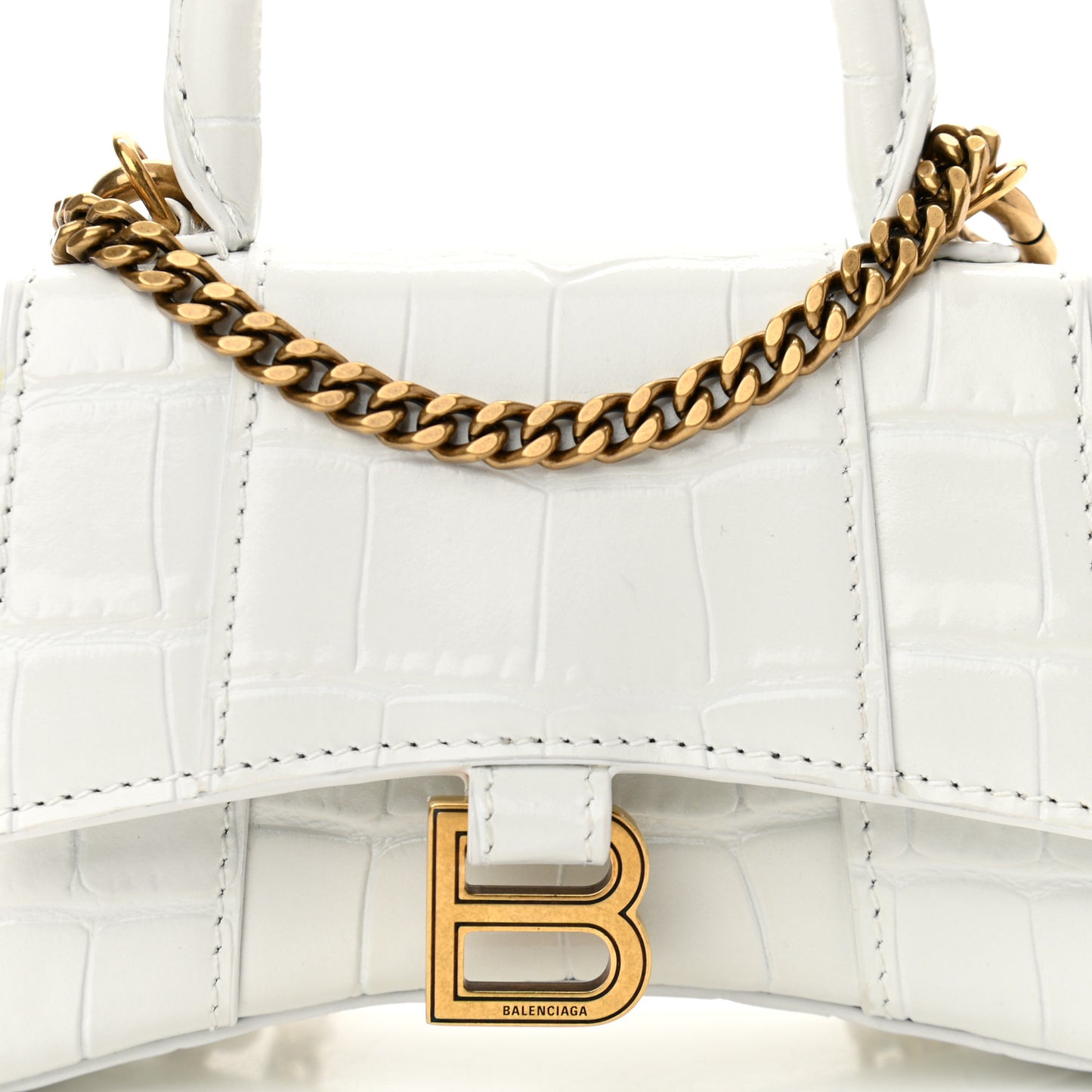 Shiny Calfskin Crocodile Embossed Hourglass Top Handle Bag Mini with Chain White