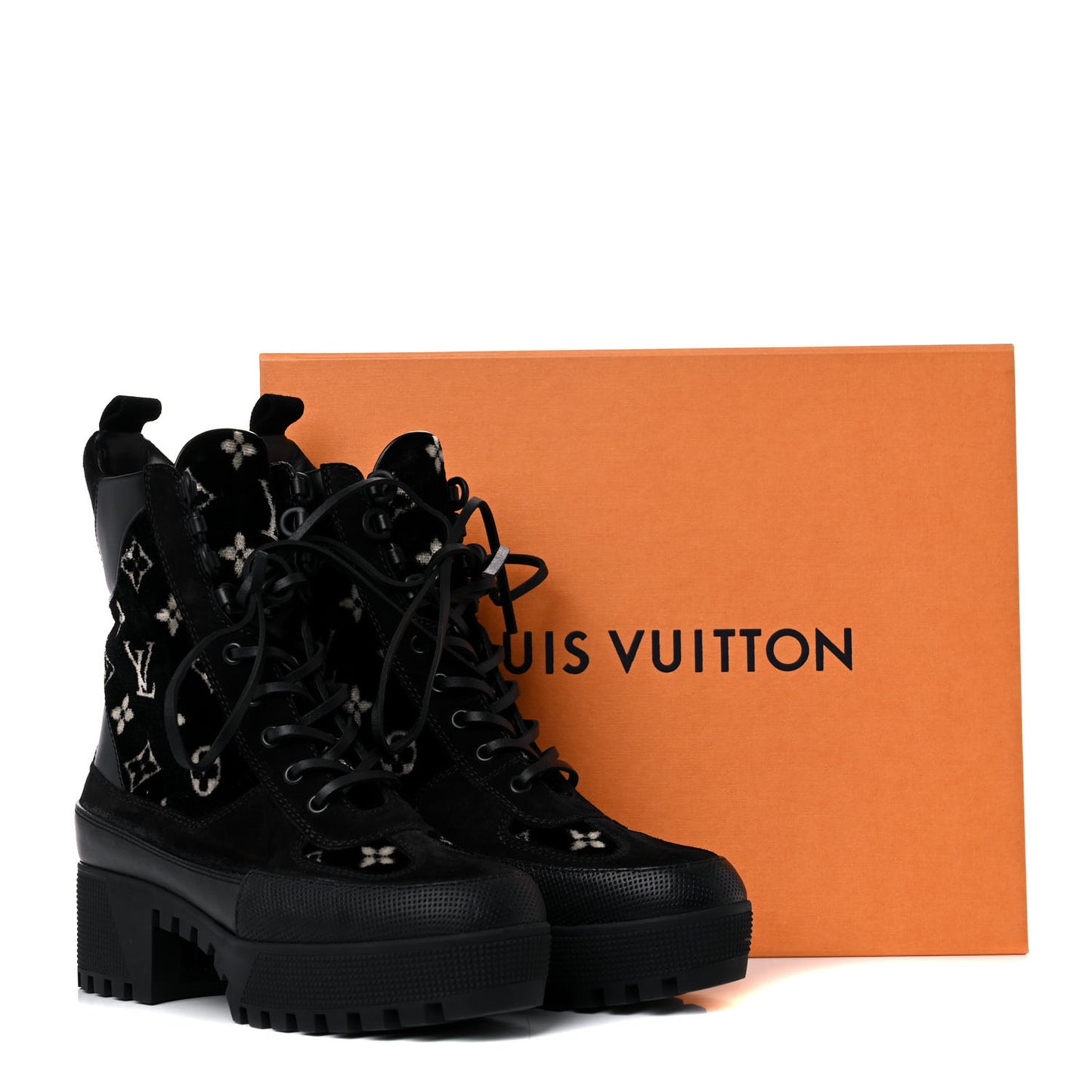 Velvet Calfskin Monogram Laureate Platform Desert Boots 38.5 Black White