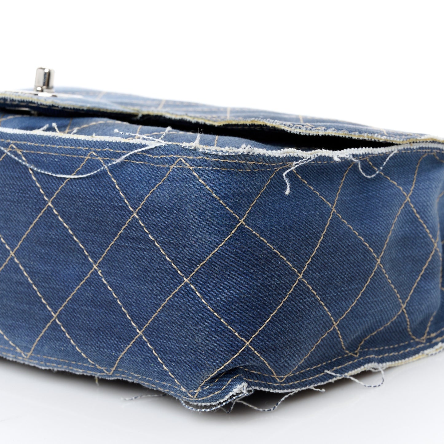 Denim Quilted Jumbo Pompom Flap Dark Blue