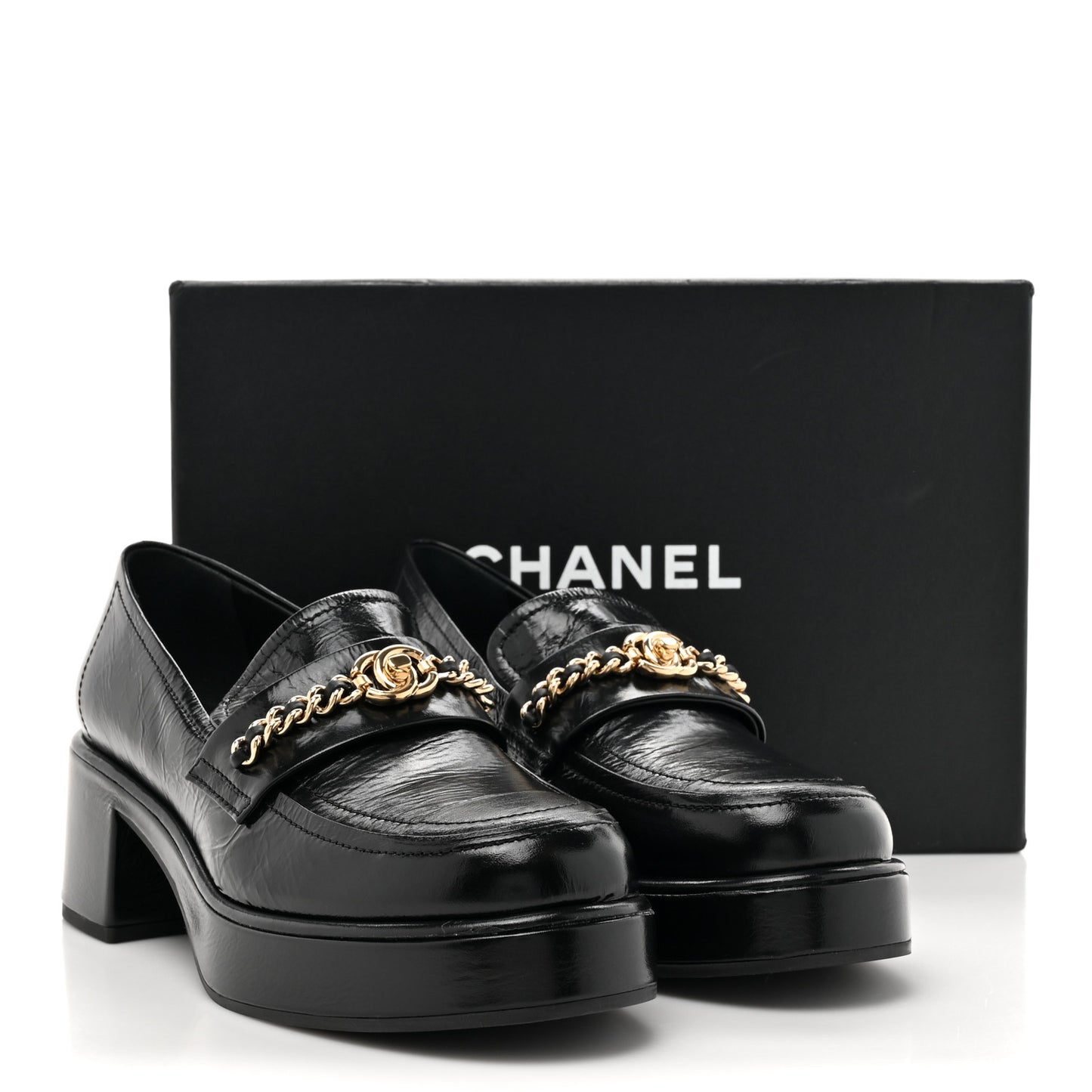 Shiny Calfskin Logo Loafers 38 Black