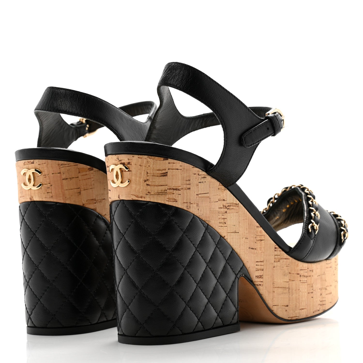 Chanel Lambskin Quilted Chain Cork Wedge Sandals 40 Black 4 of 10
