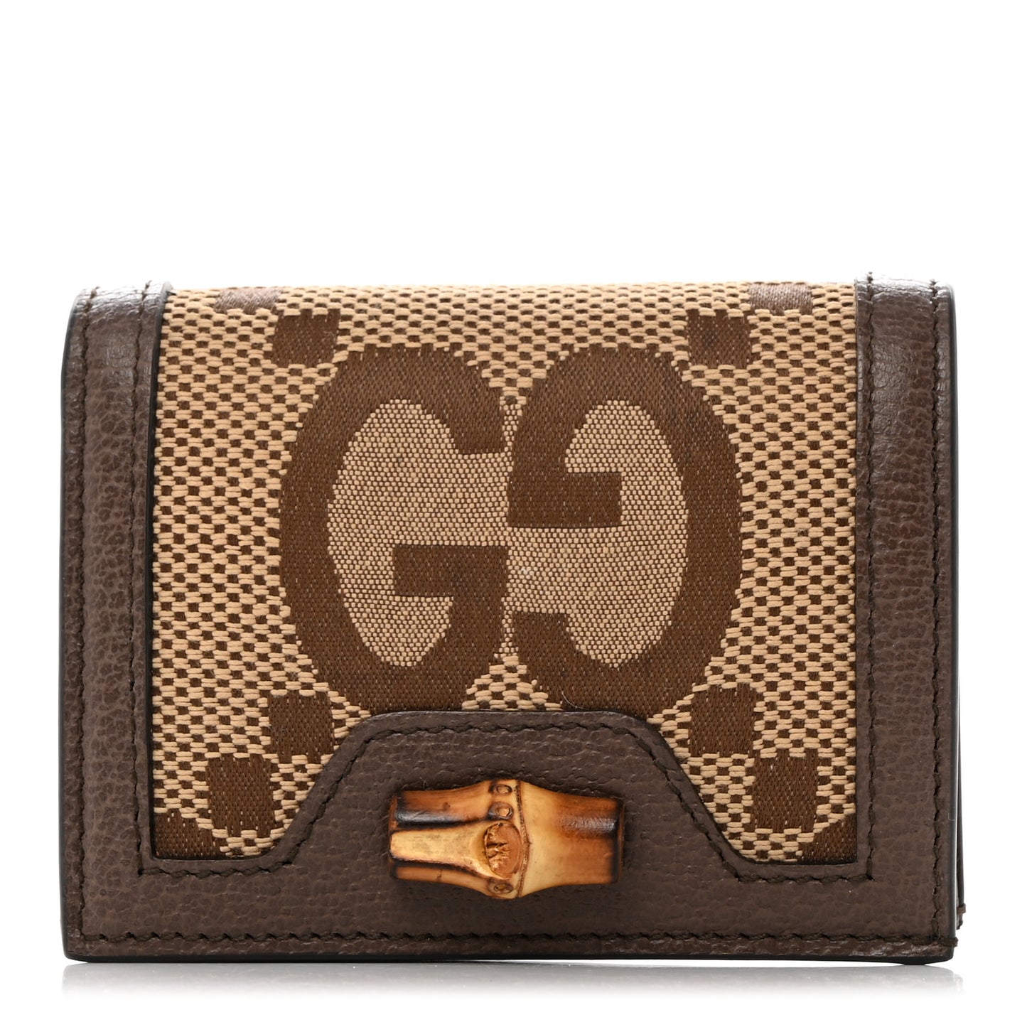 Monogram Jumbo GG Textured Dollar Calfskin Diana Card Case Wallet Camel Ebony New Acero