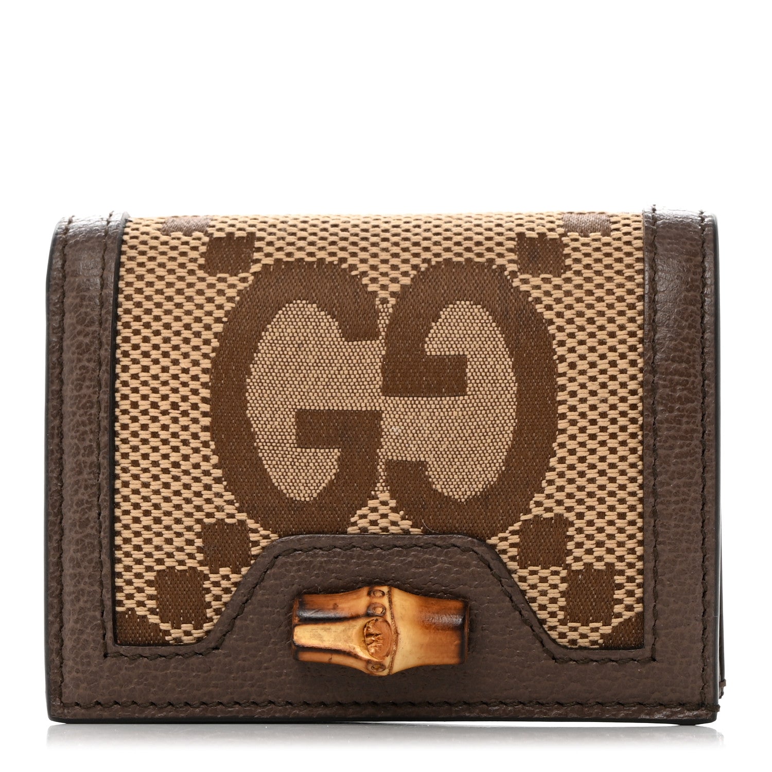 Gucci Monogram Jumbo GG Textured Dollar Calfskin Diana Card Case Wallet Camel Ebony New Acero 1 of 8