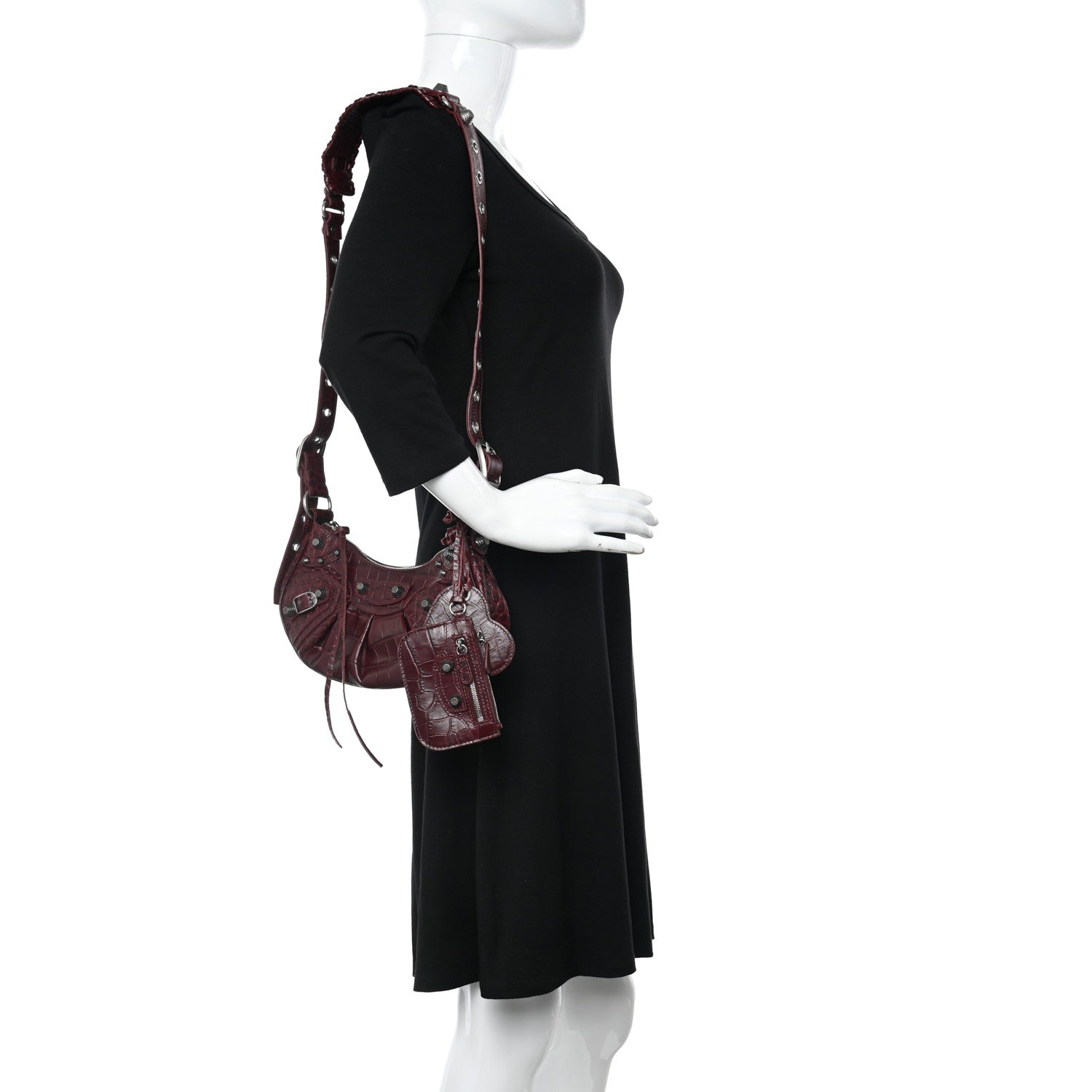 Balenciaga Extra Supple Calfskin Crocodile Embossed Le Cagole Shoulder Bag XS Dark Red 2 of 10