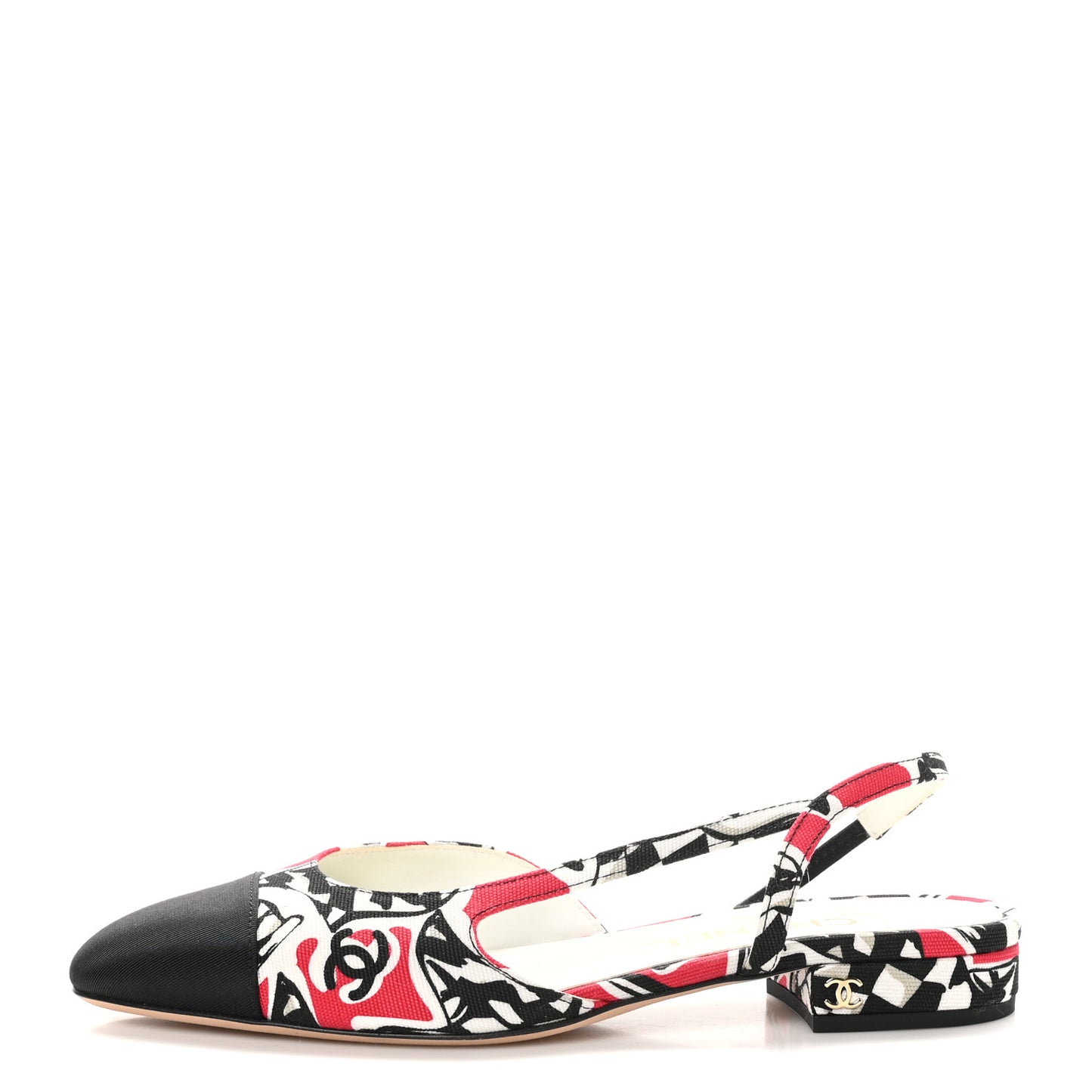 Printed Fabric Grosgrain Cap Toe CC Slingback Flats 37 Red Black White