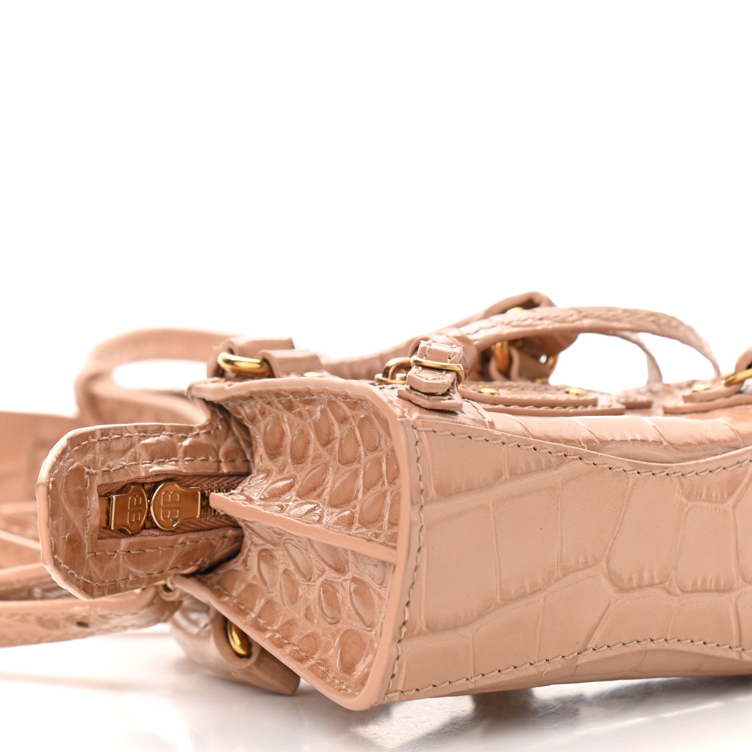 Balenciaga Shiny Supple Calfskin Crocodile Embossed Neo Classic Gold Hardware Super Nano City Crossbody Nude Beige 7 of 8