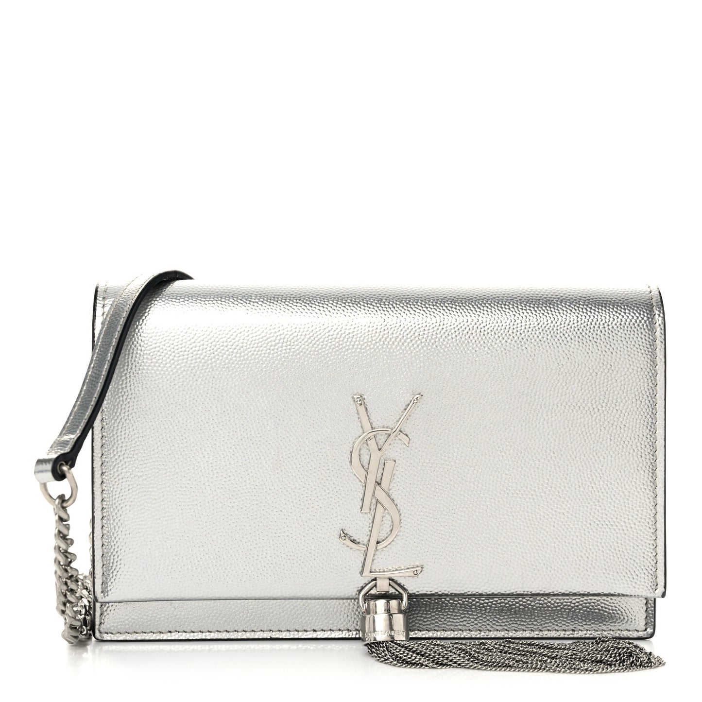 Metallic Grain De Poudre Kate Monogram Tassel Chain Wallet Silver