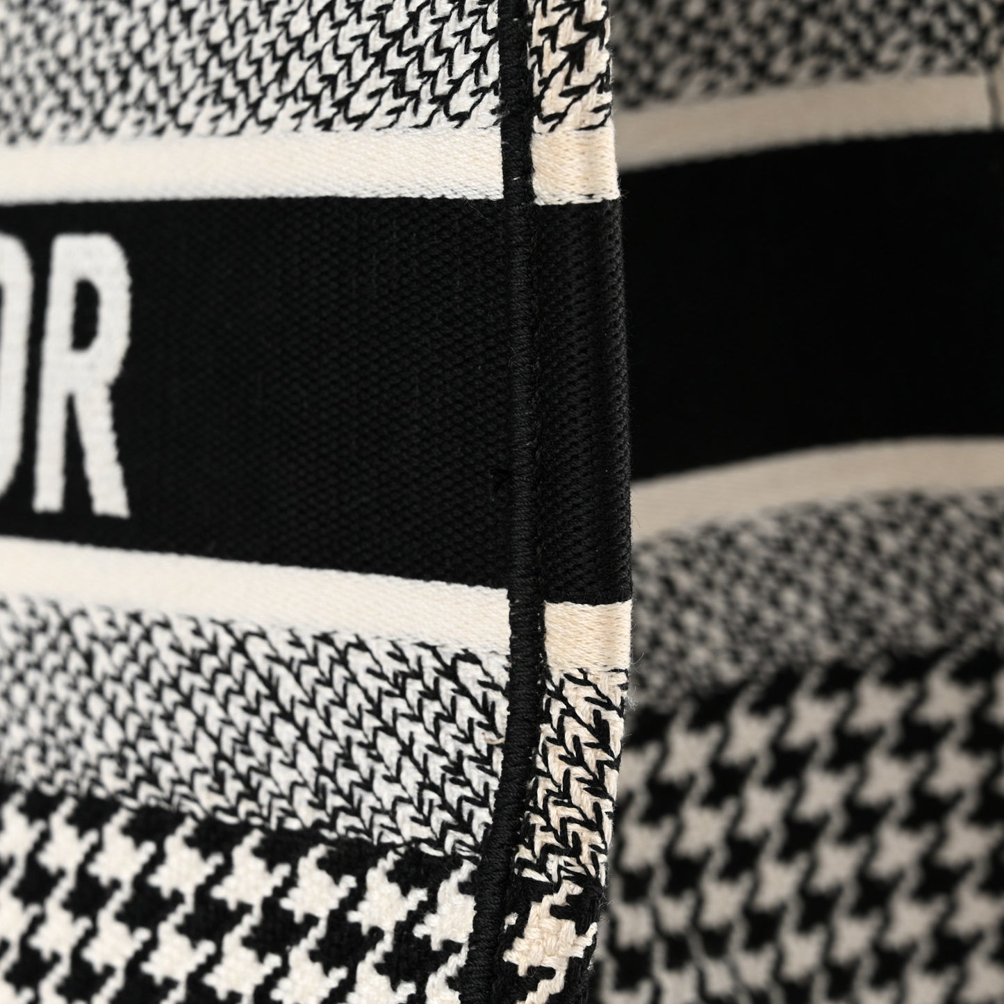 Canvas Houndstooth Embroidered Medium Book Tote Black White