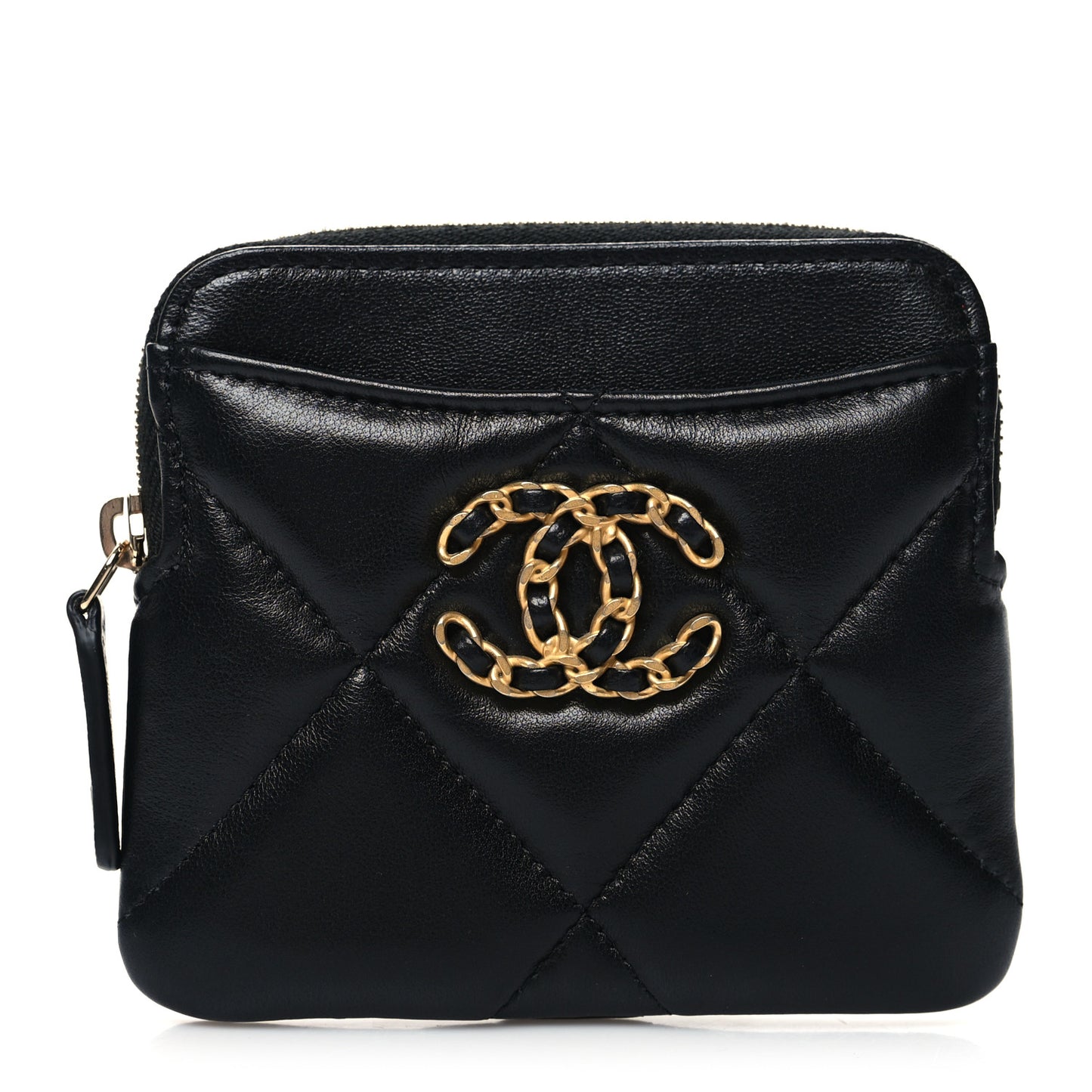 Lambskin Quilted Chanel 19 Zip Card Holder Wallet Black