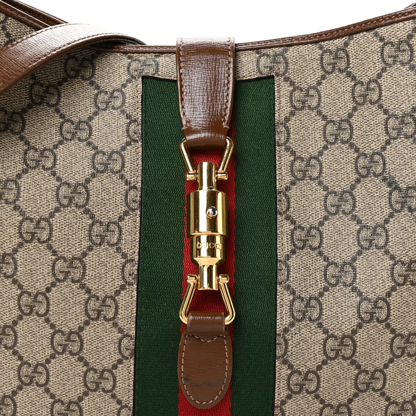 GG Supreme Monogram Azalea Calfskin Web Medium Jackie 1961 Hobo Beige Ebony Brown Sugar