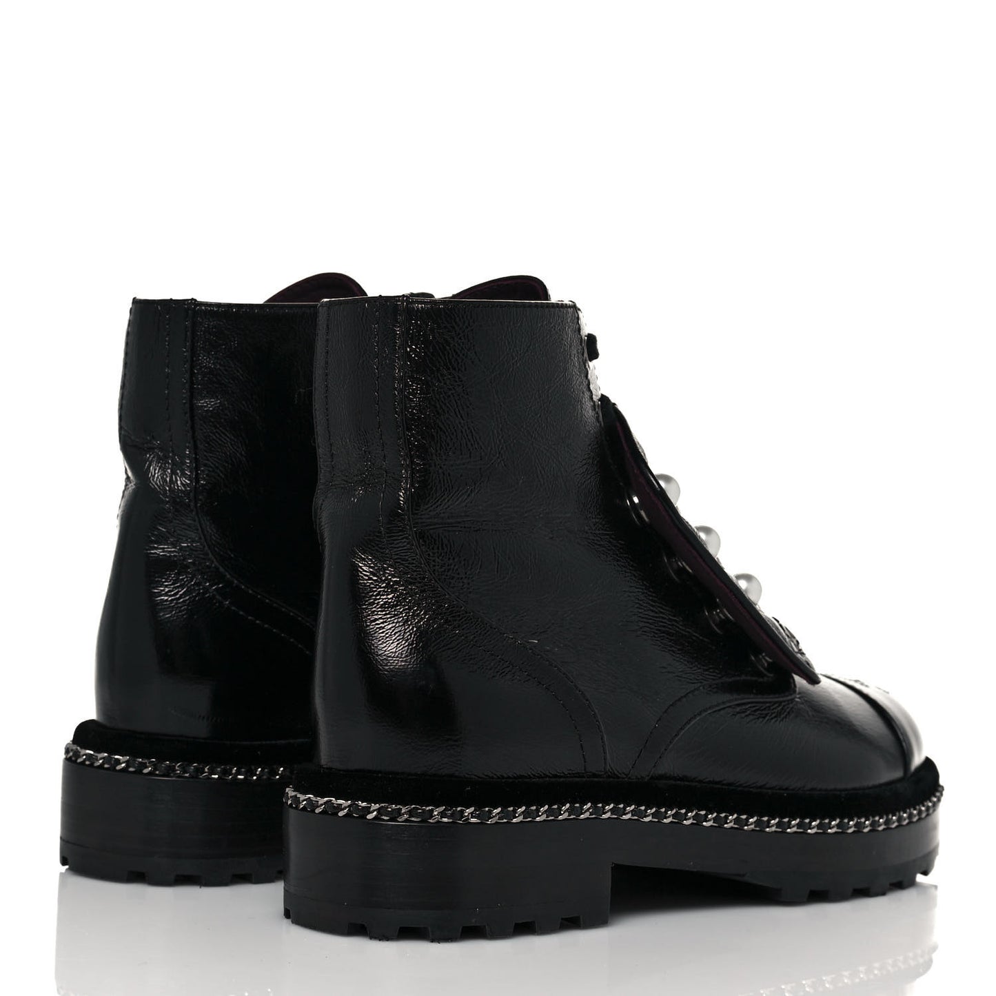Crackled Calfskin Velvet Pearl Combat Short Boots 36.5 Black