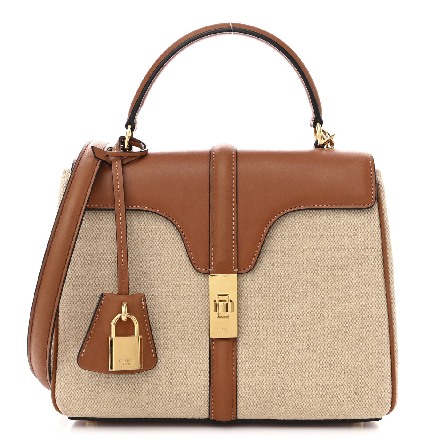 Canvas Calfskin Small 16 Top Handle Bag Natural Tan