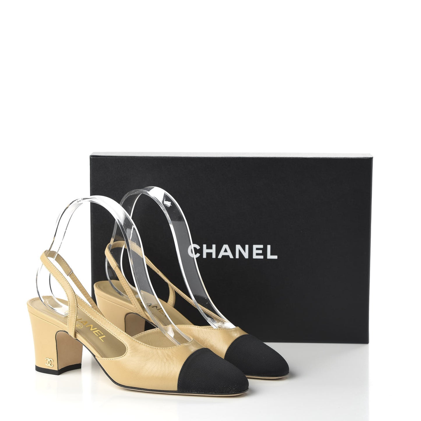 Goatskin Grosgrain Cap Toe CC Slingback Pumps 37.5 Beige Black