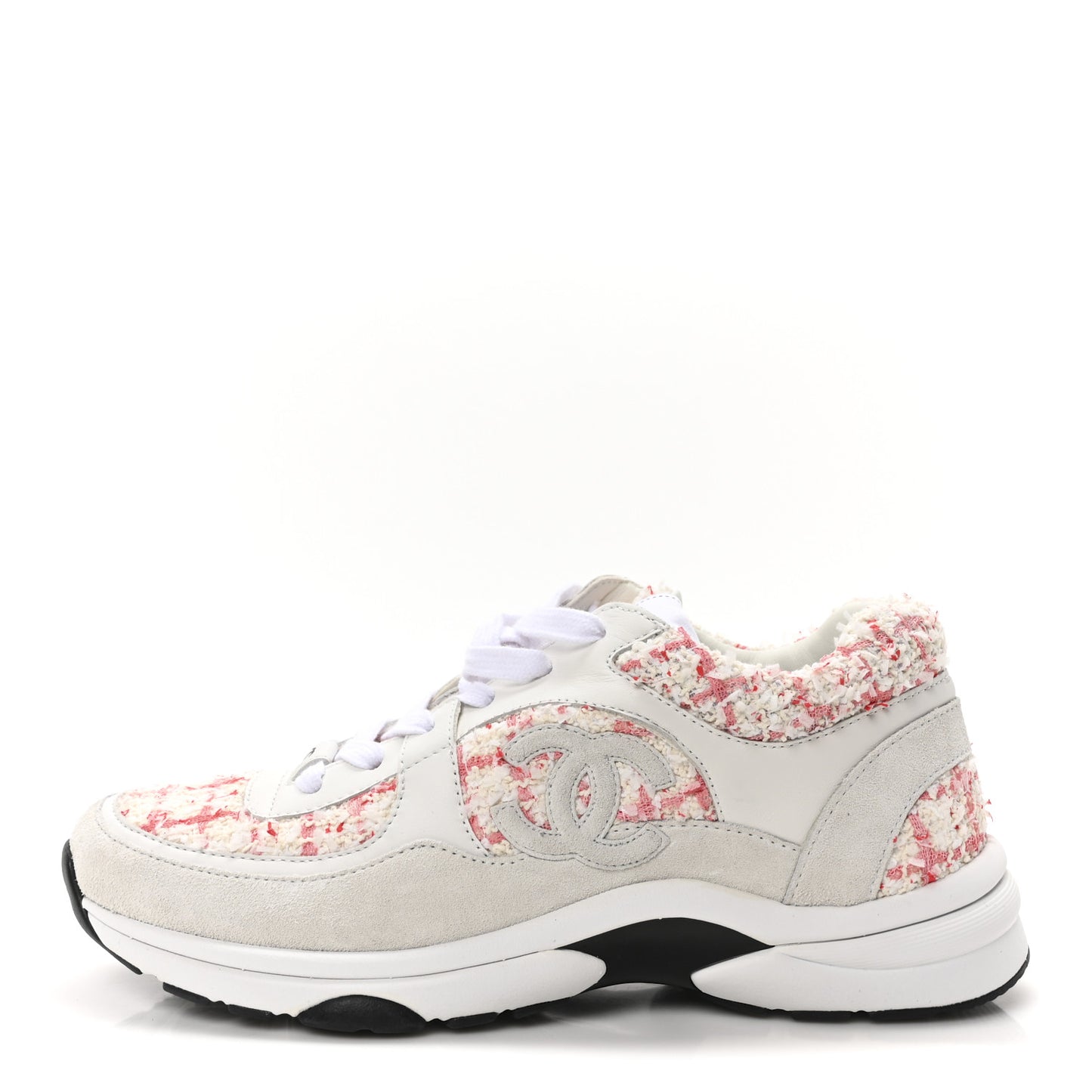 Tweed Suede Calfskin Womens CC Sneakers 40 Ecru Pink Red White