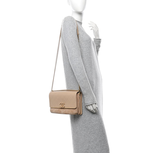 Grained Calfskin Stitched Enamel CC Flap Bag Beige