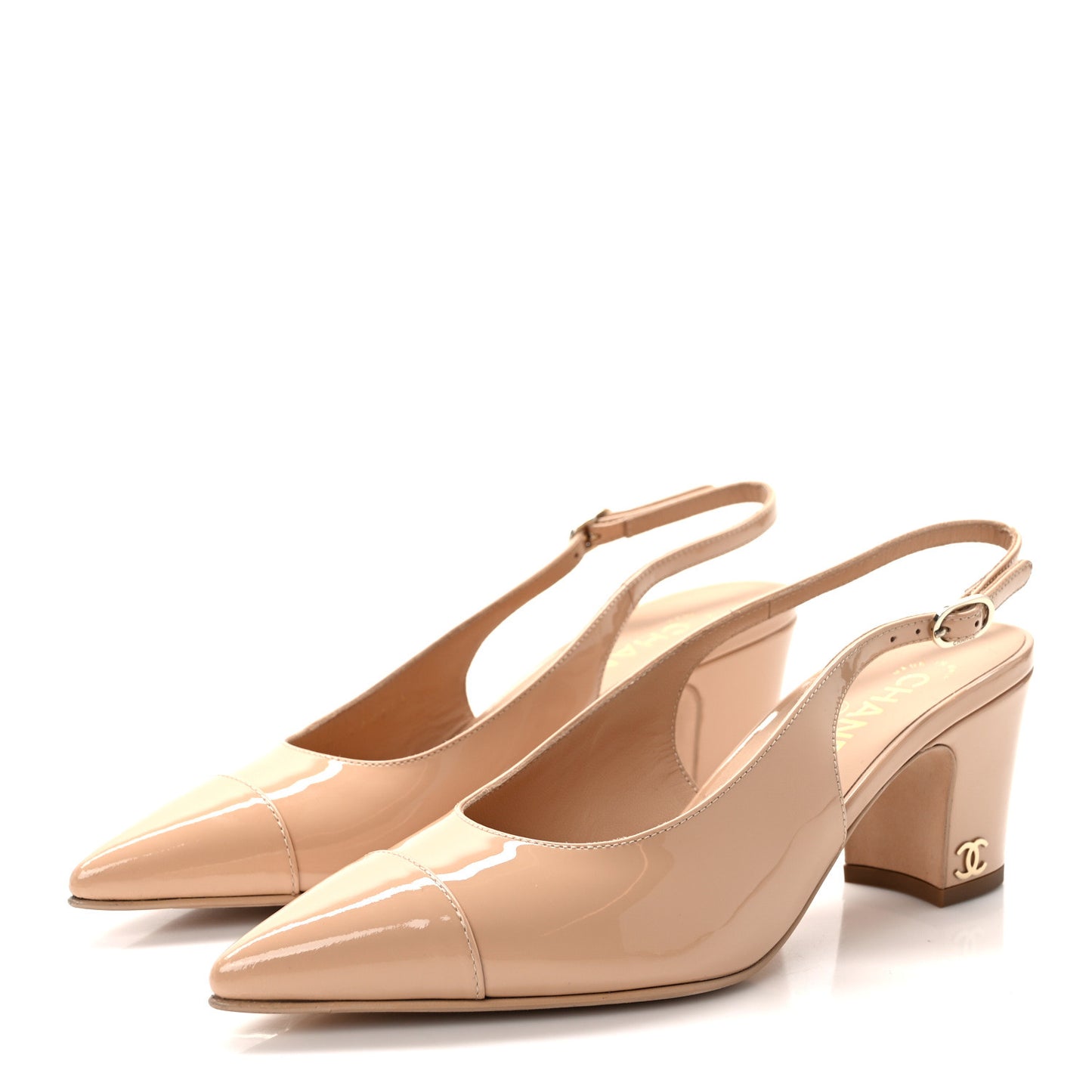 Patent Calfskin Cap Toe CC Slingback Pumps 37.5 Beige
