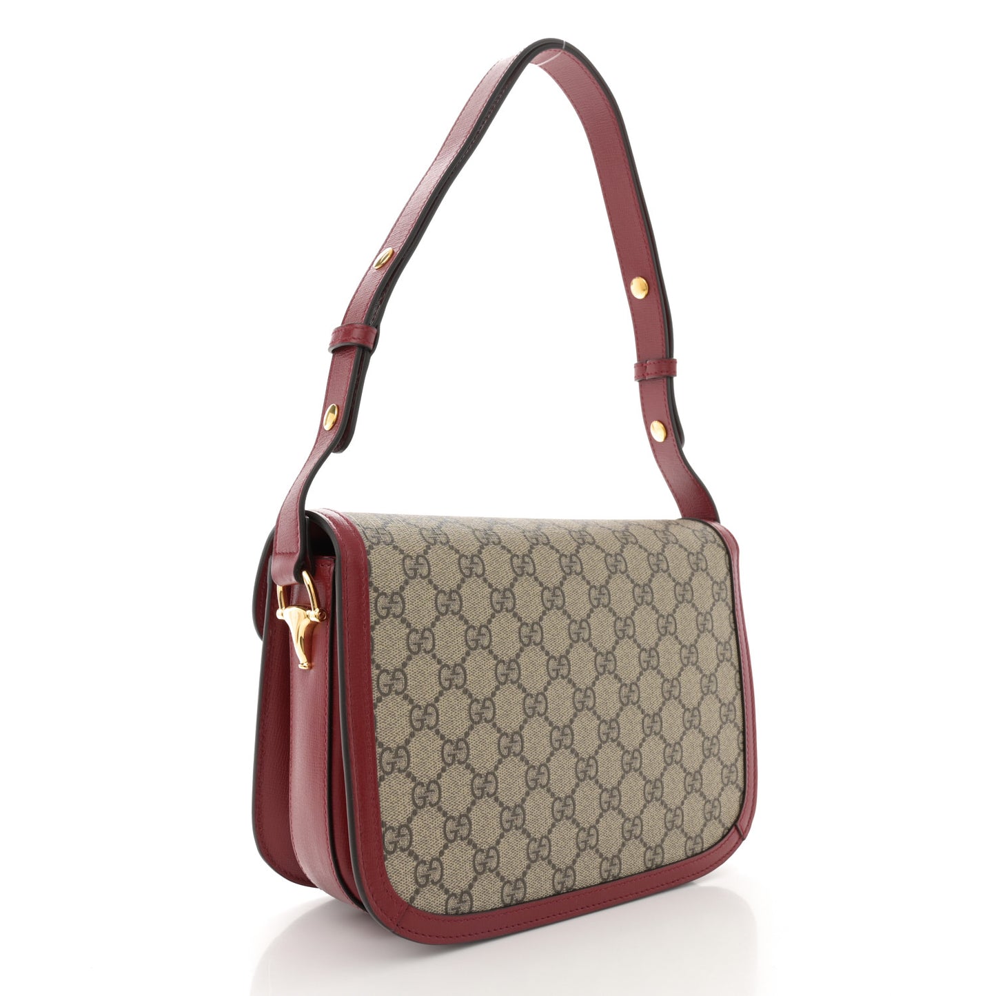 GG Supreme Monogram Azalea Calfskin Horsebit 1955 Shoulder Bag Beige Ebony New Cherry Red