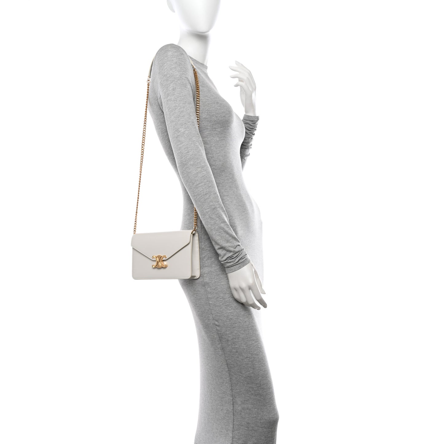 Shiny Calfskin Triomphe Margo Wallet on Chain White