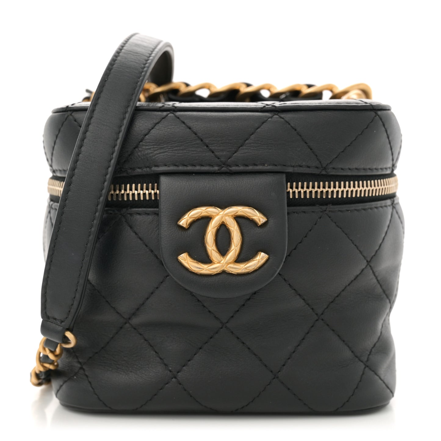 Calfskin Quilted Small Vanity Case With Chain Black