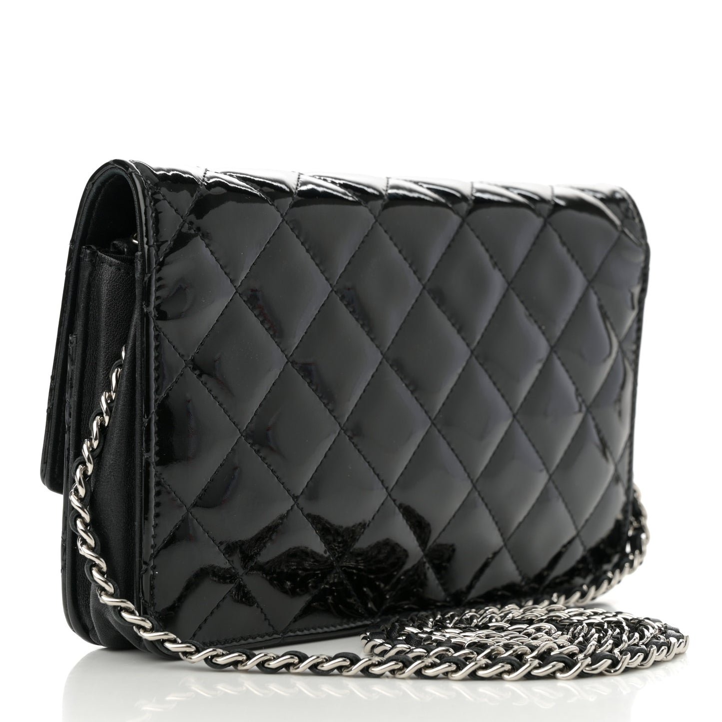 Patent Quilted Brilliant Wallet On Chain WOC Black
