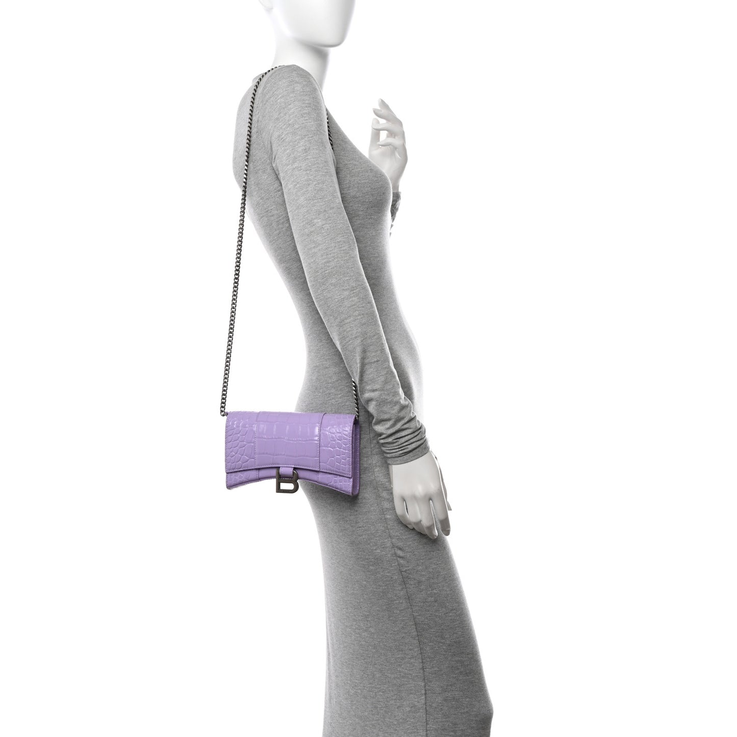 Shiny Calfskin Crocodile Embossed Hourglass Chain Bag Lilac