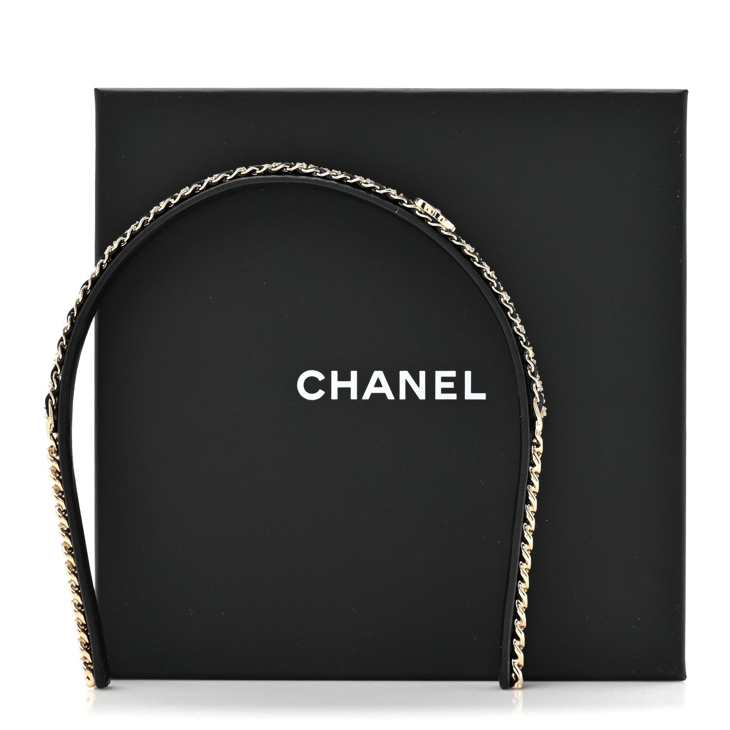 Chanel Metal Lambskin Crystal CC Chain Headband Gold Black 6 of 6