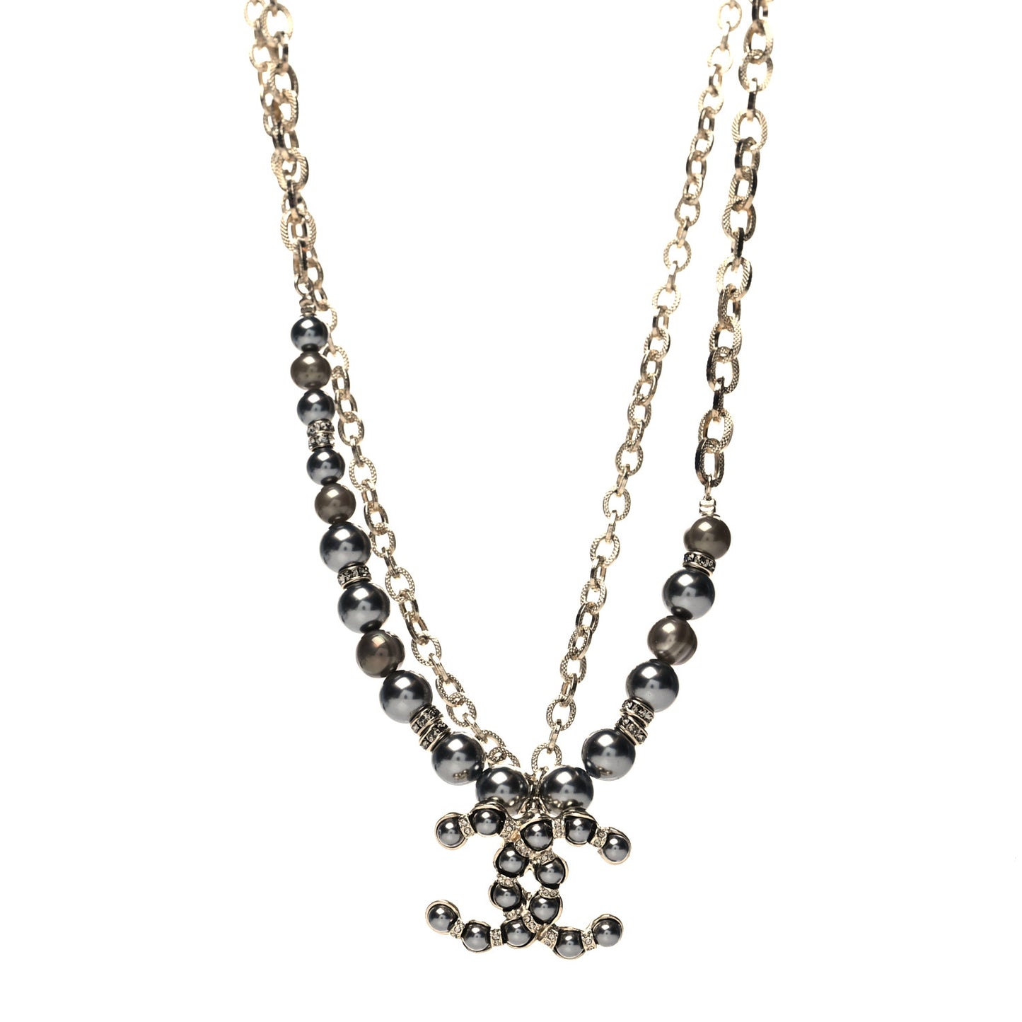 Crystal Pearl Nefertiti CC Double Chain Pendant Necklace Gold Dark Grey