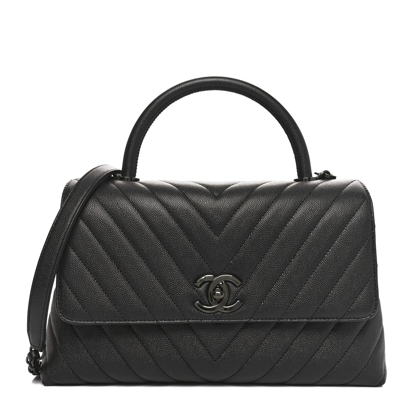 Caviar Chevron Quilted Small Coco Handle Flap So Black