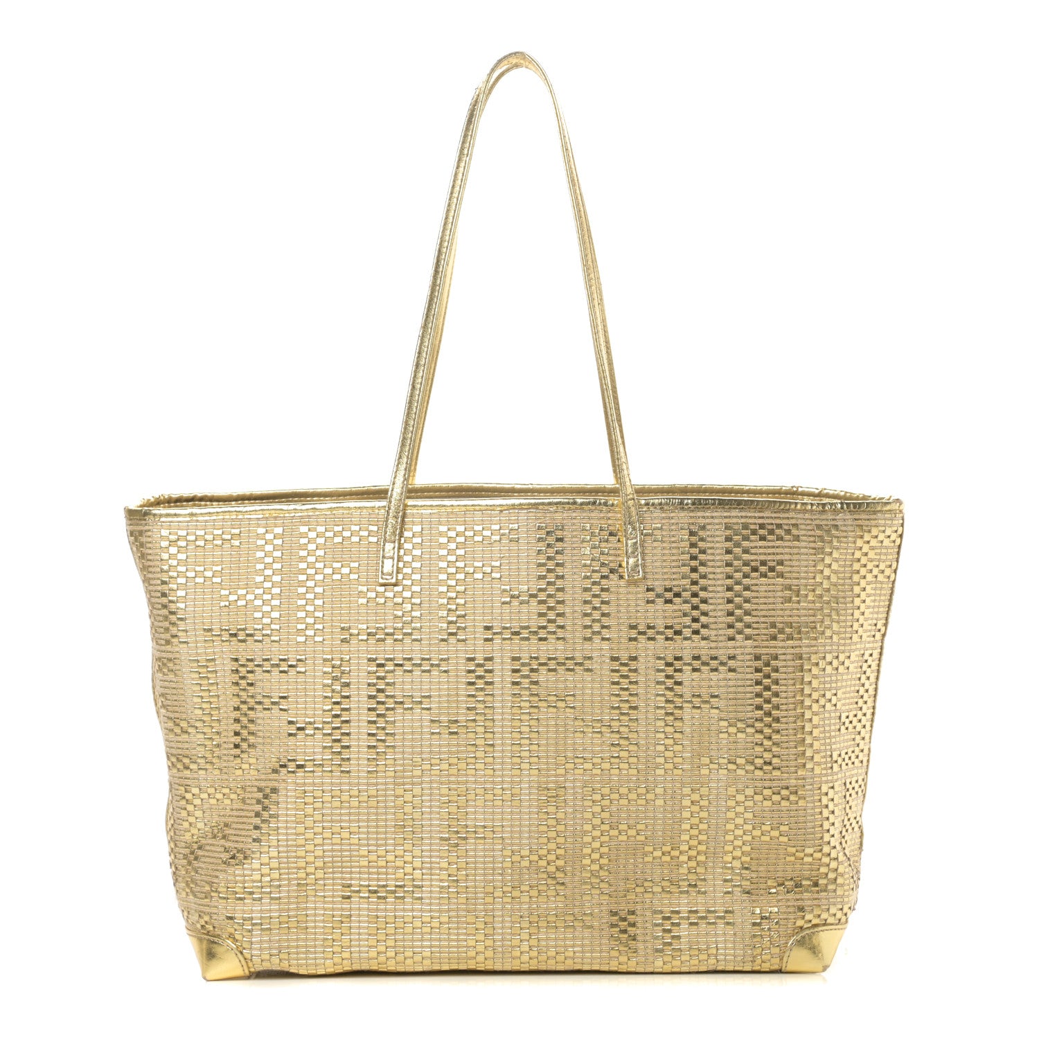 FENDI 1925 ゴールド かごトートバッグ Fendi Canvas Metallic Calfskin Woven FF Roll Tote Gold 764880