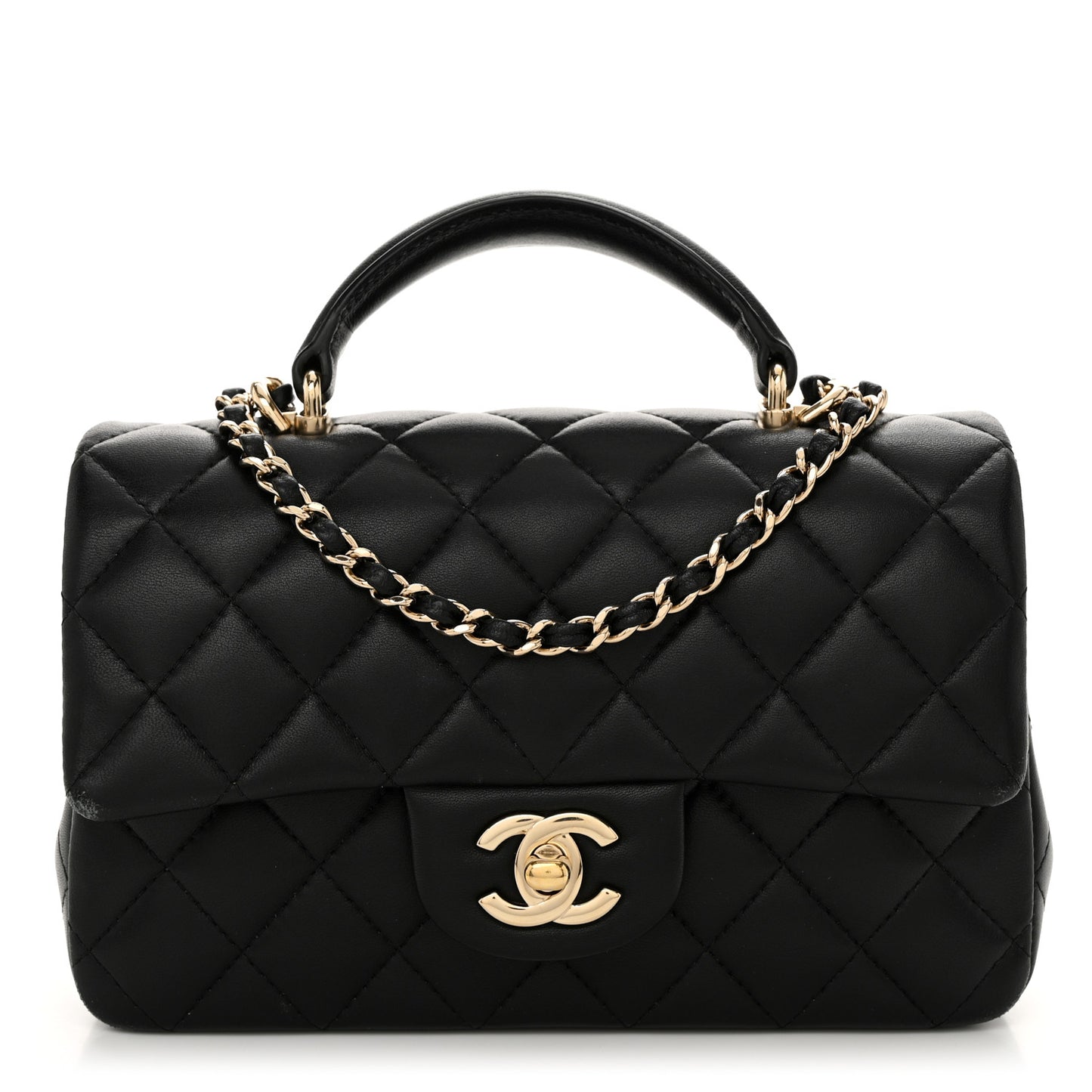 Lambskin Quilted Mini Top Handle Rectangular Flap Black