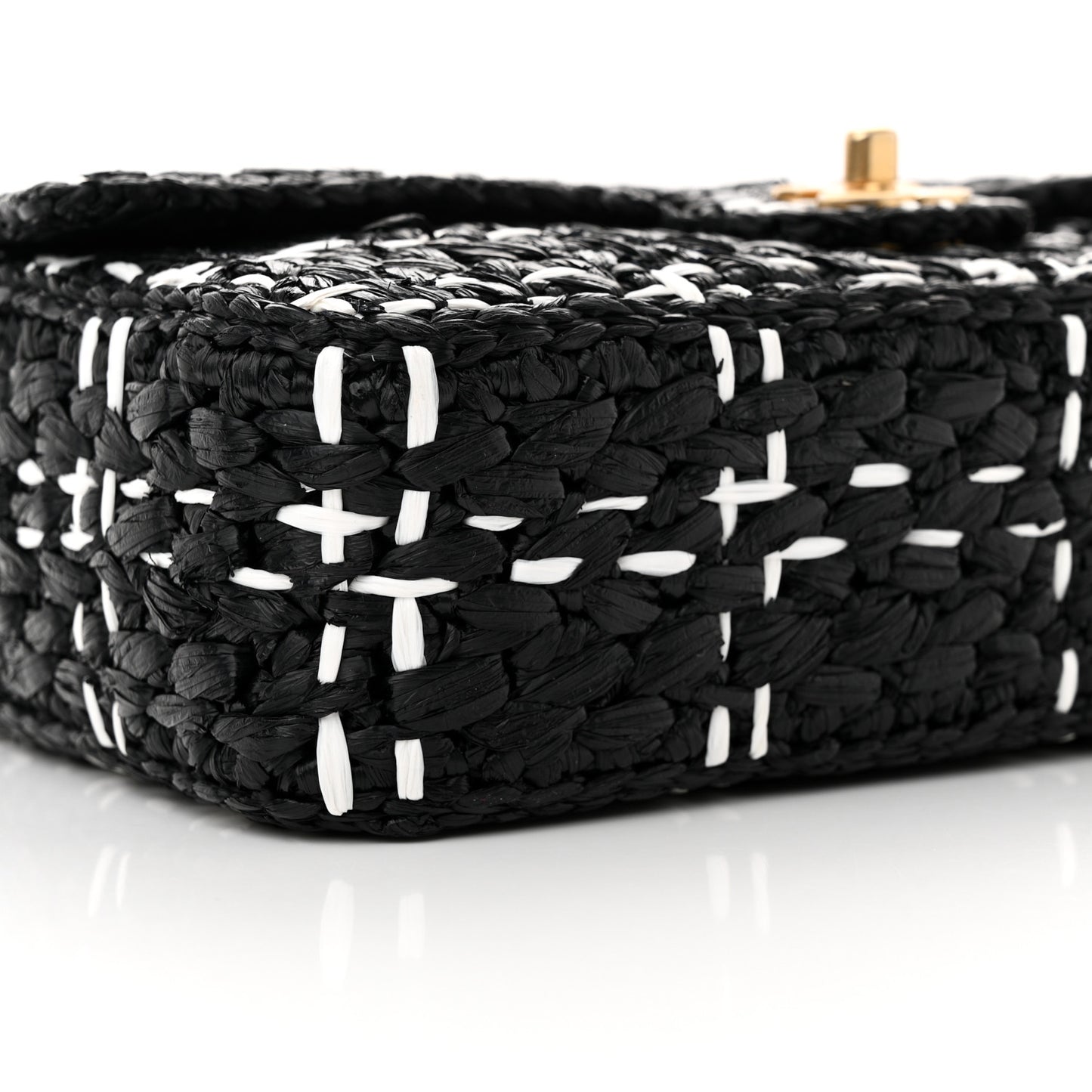 Raffia Effect Medium Tweedy Flap Bag Black White