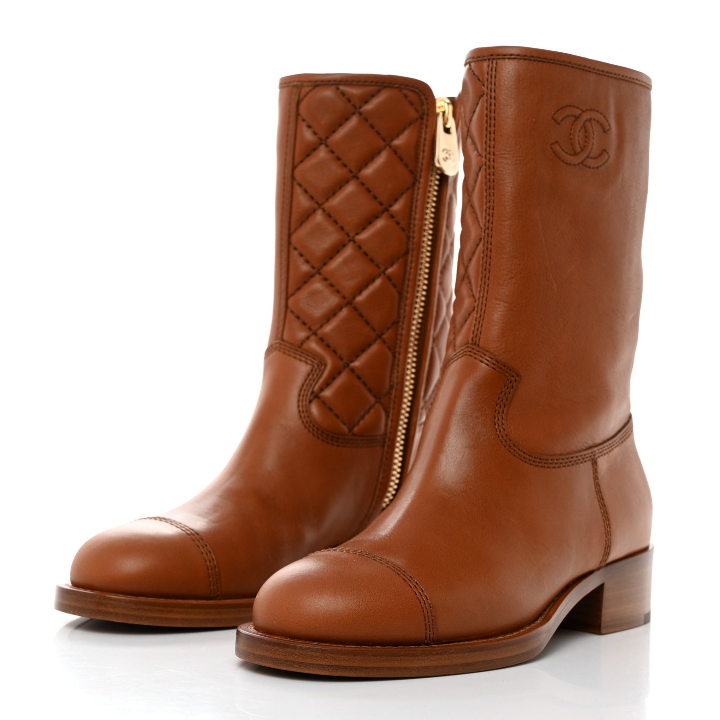 Calfskin CC Logo Mid Calf Boots 36 Caramel