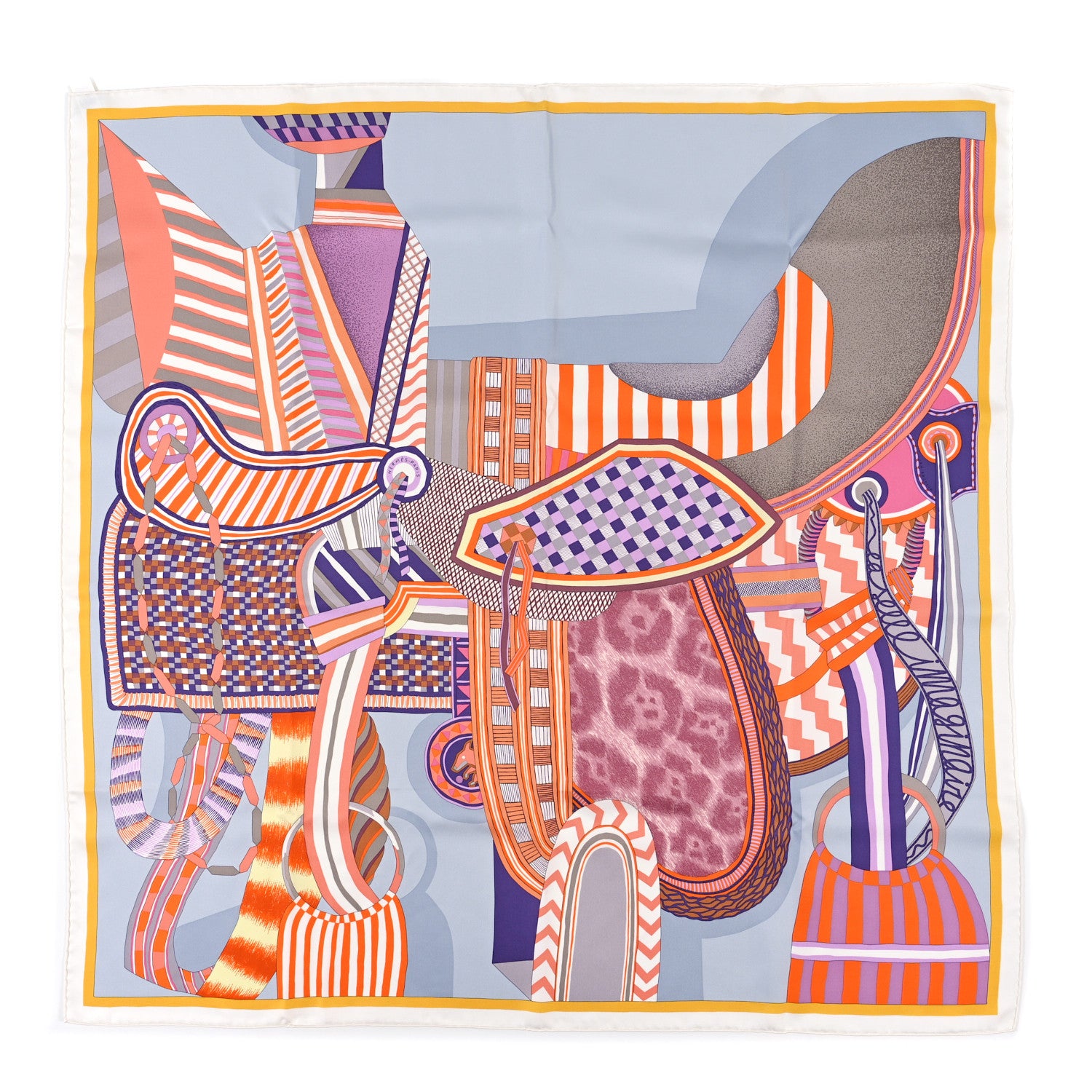 Hermes Silk La Selle Imaginaire Dossard Scarf 90 Gris Perle Violet