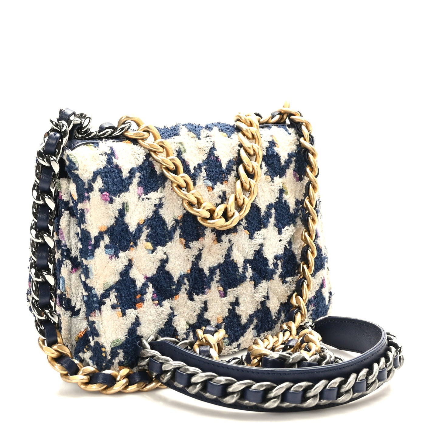 Tweed Quilted Chanel 19 Wallet On Chain WOC Ecru Navy Blue Multicolor