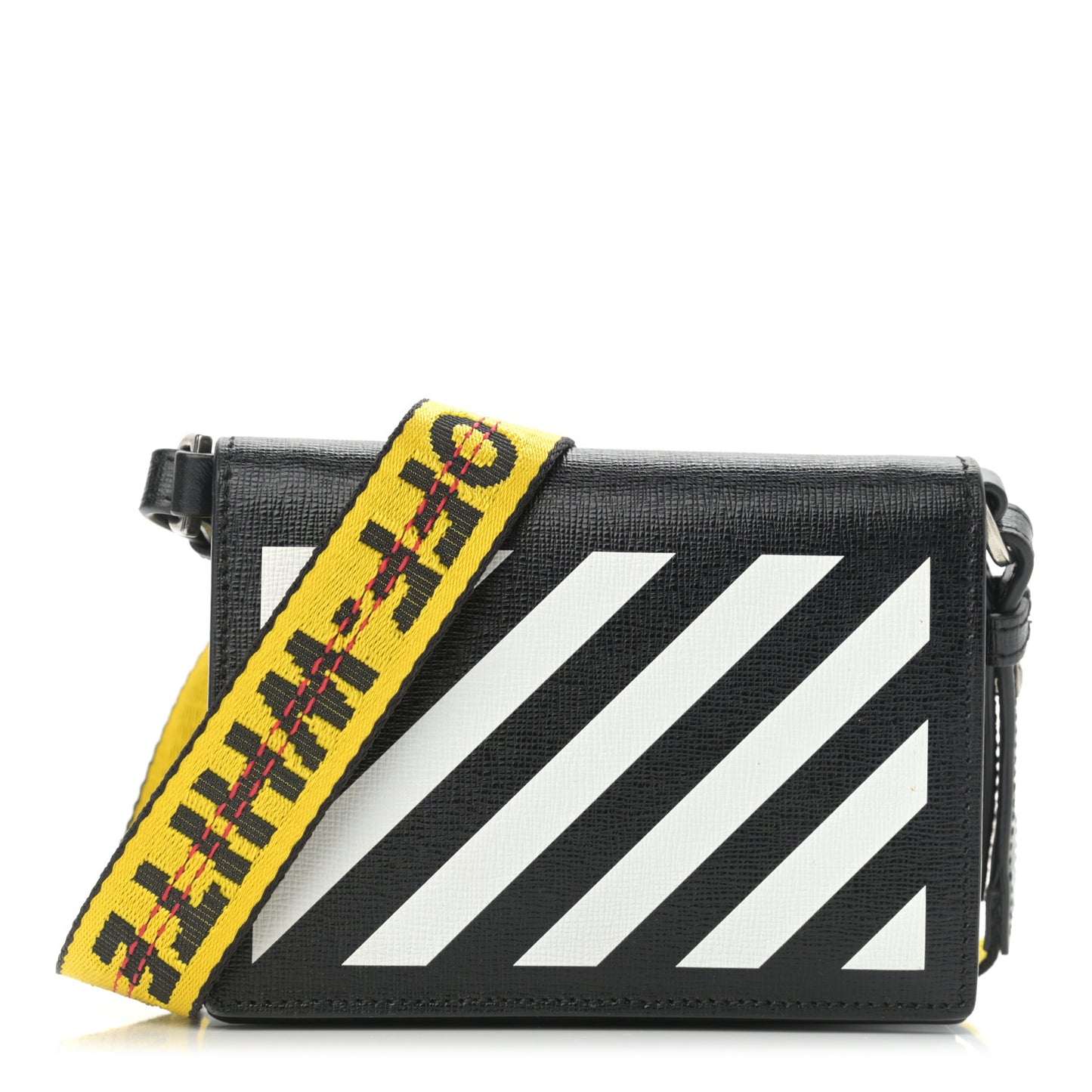 Saffiano Striped Diag Flap Wallet With Strap Black White