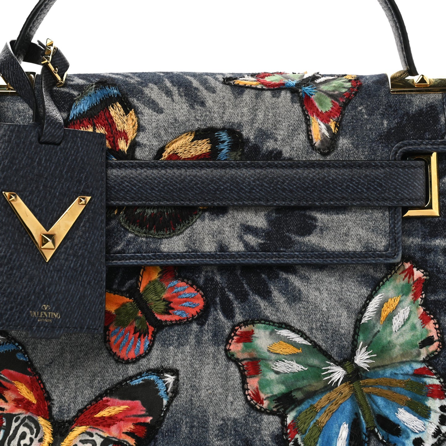 Denim Butterfly Embroidered Small My Rockstud Frame Bag Blue