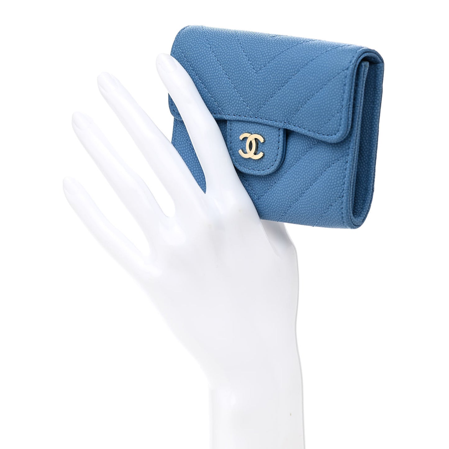Caviar Flat Chevron Quilted Flap Card Holder Wallet Light Blue