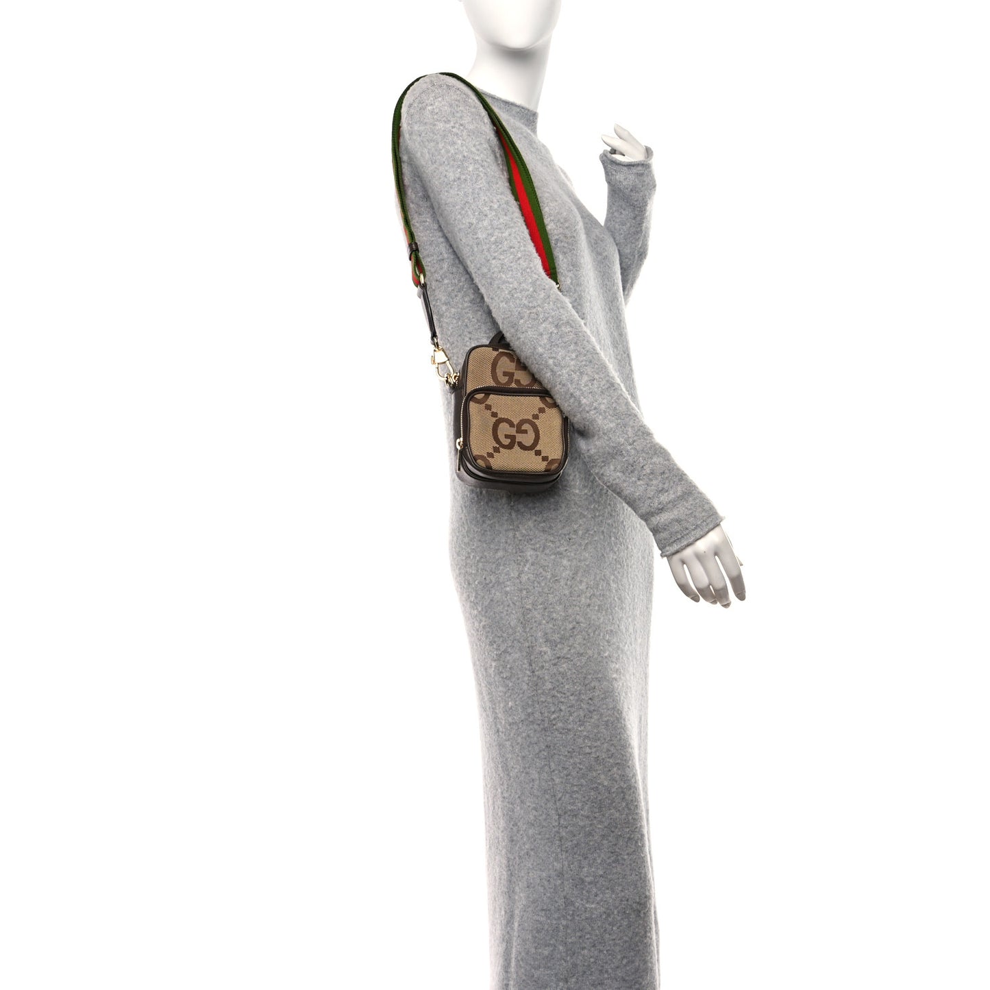 Monogram Jumbo GG Textured Dollar Calfskin Web Shoulder Bag Camel Ebony New Acero